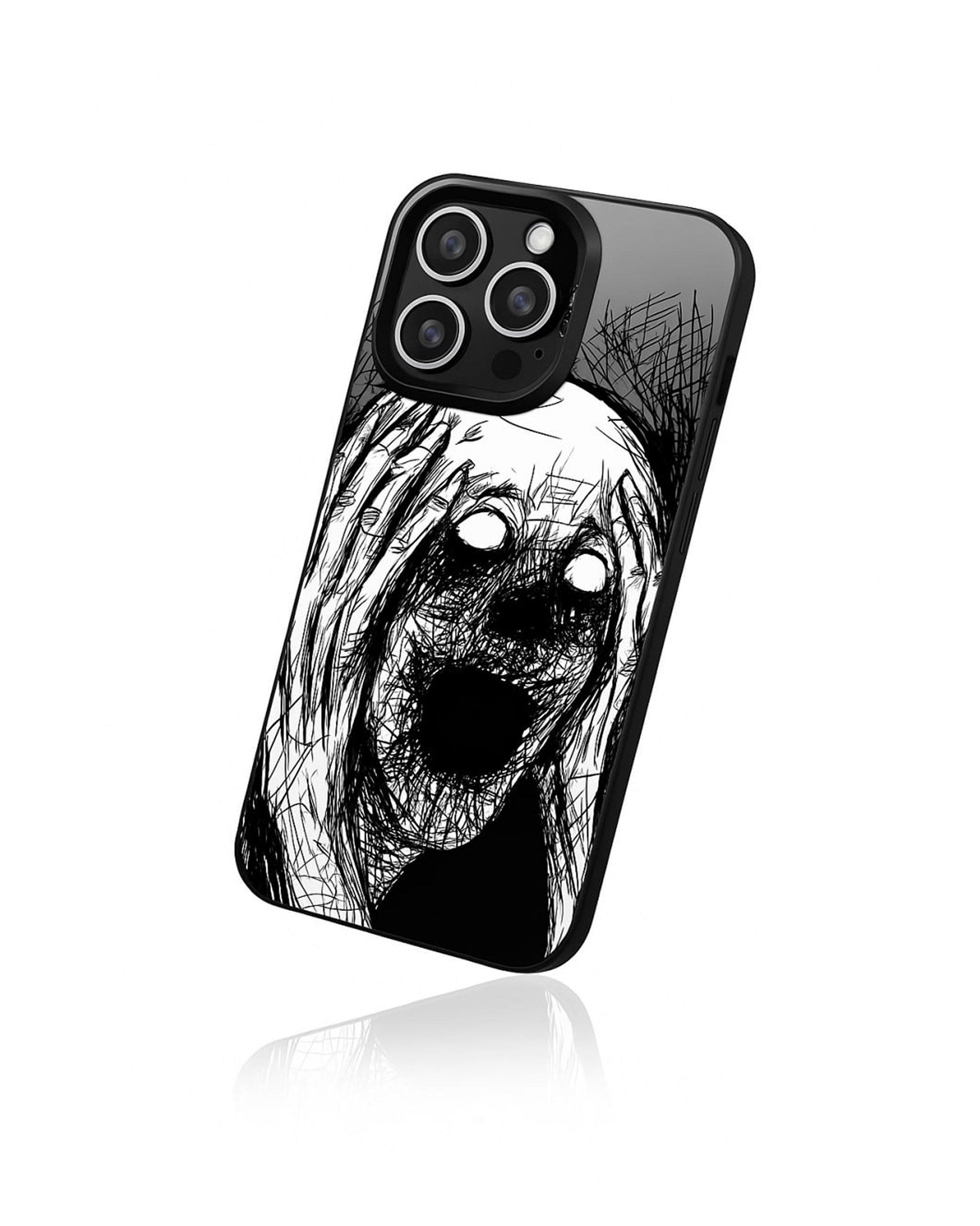 Black and white pen-sketch phone case portraying inner chaos by Zerone