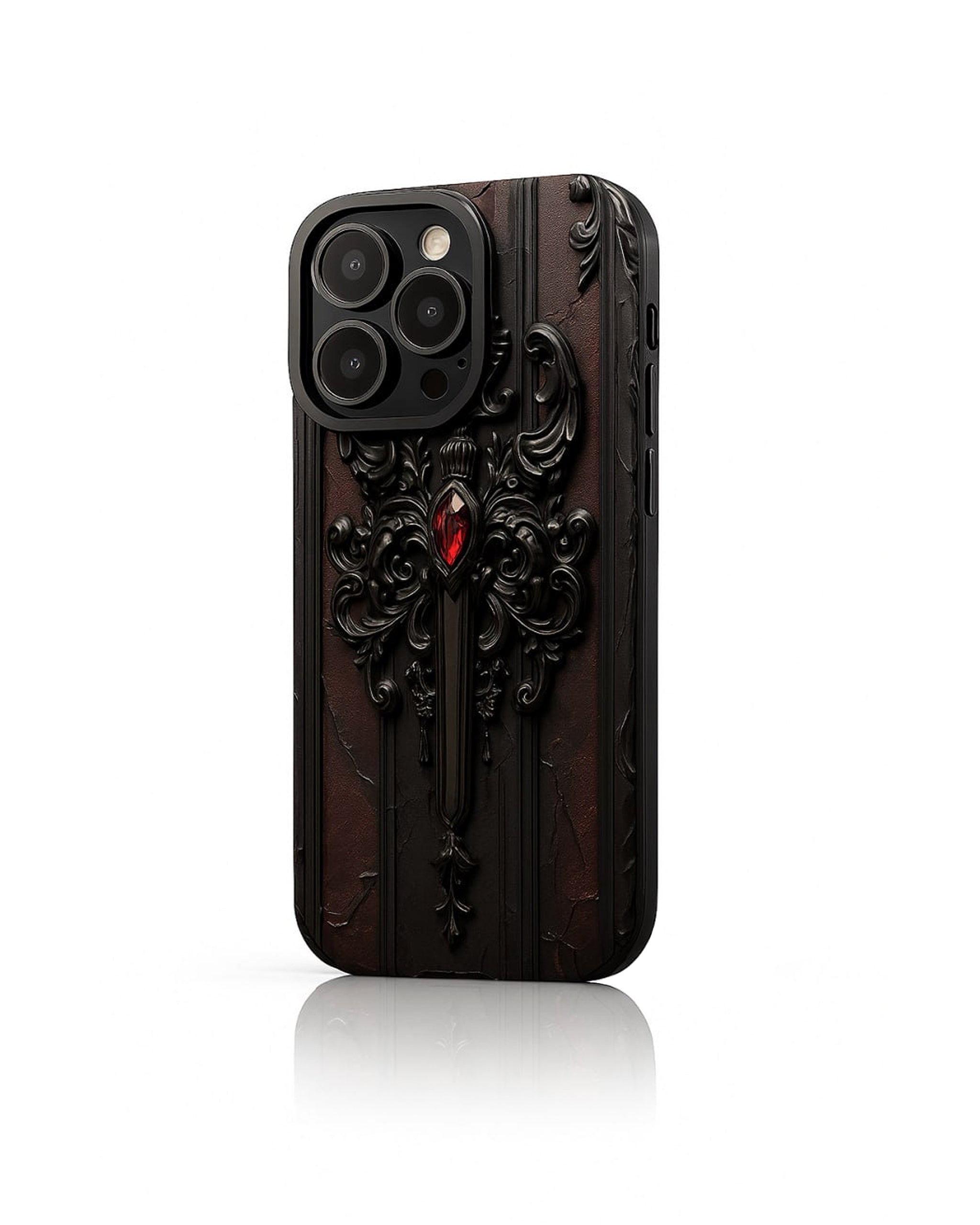 Gothic black and burgundy phone case with engraved-style design by Zerone
