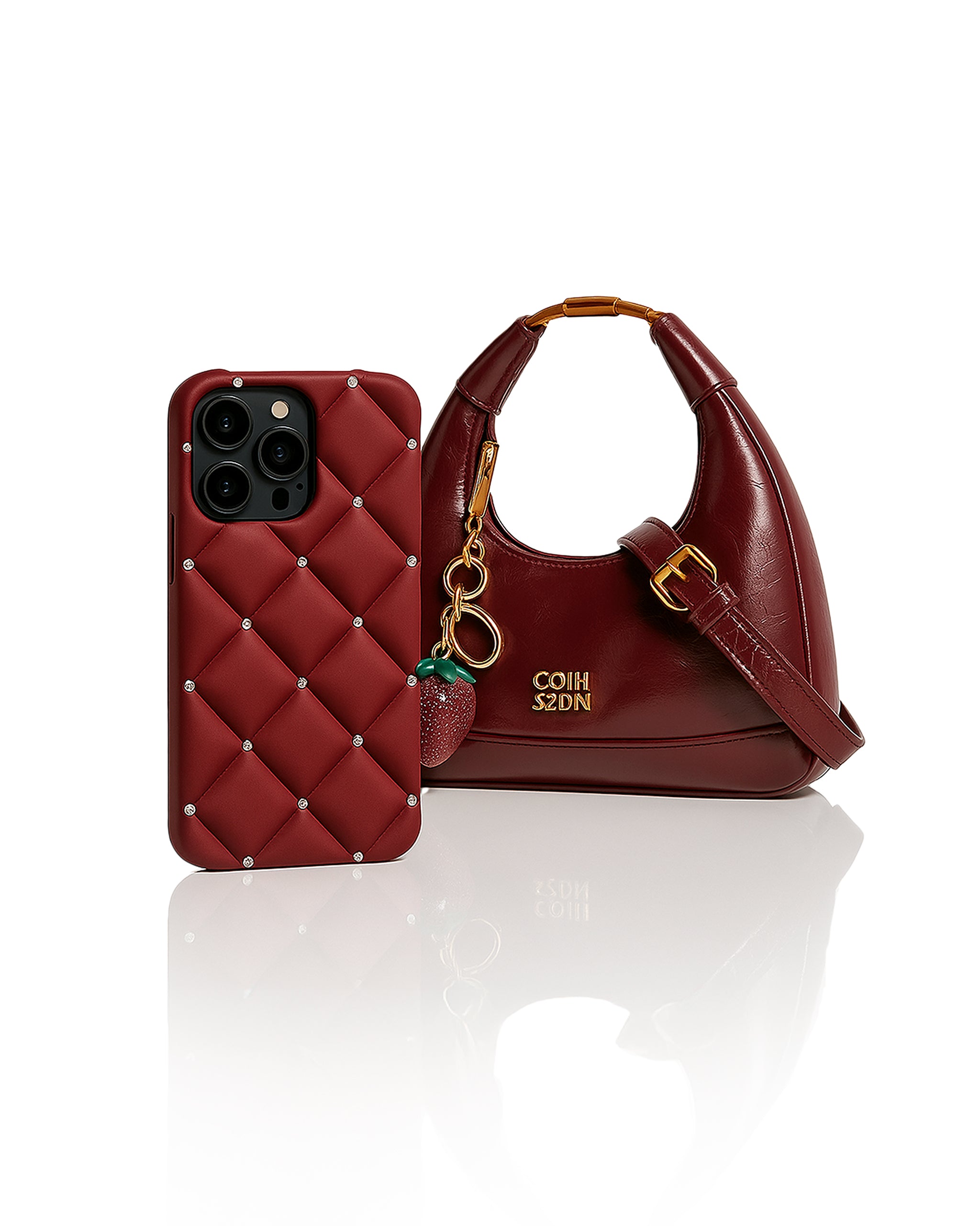Quilted matte burgundy phone case with subtle shimmer by Zerone