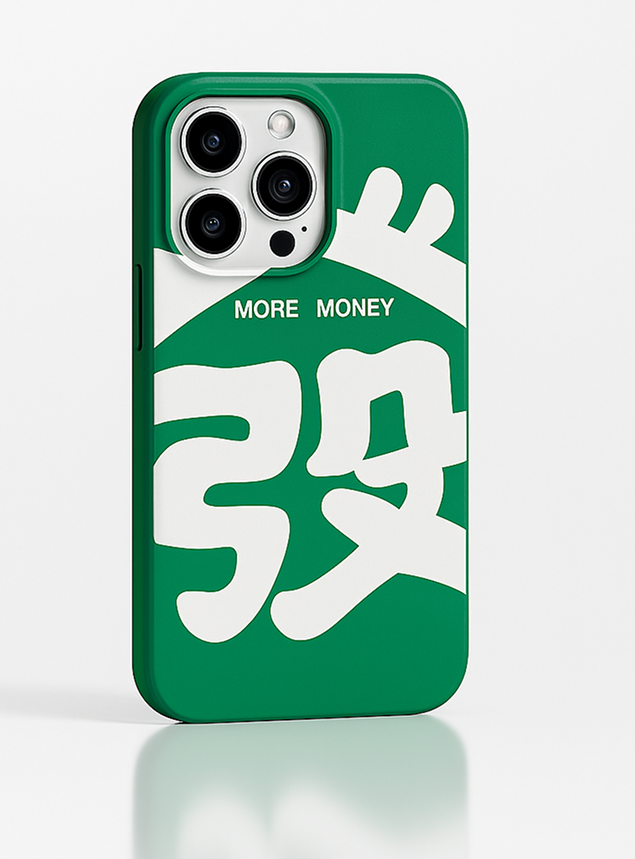 Zielone etui na telefon z białym napisem MORE MONEY – widok z boku
