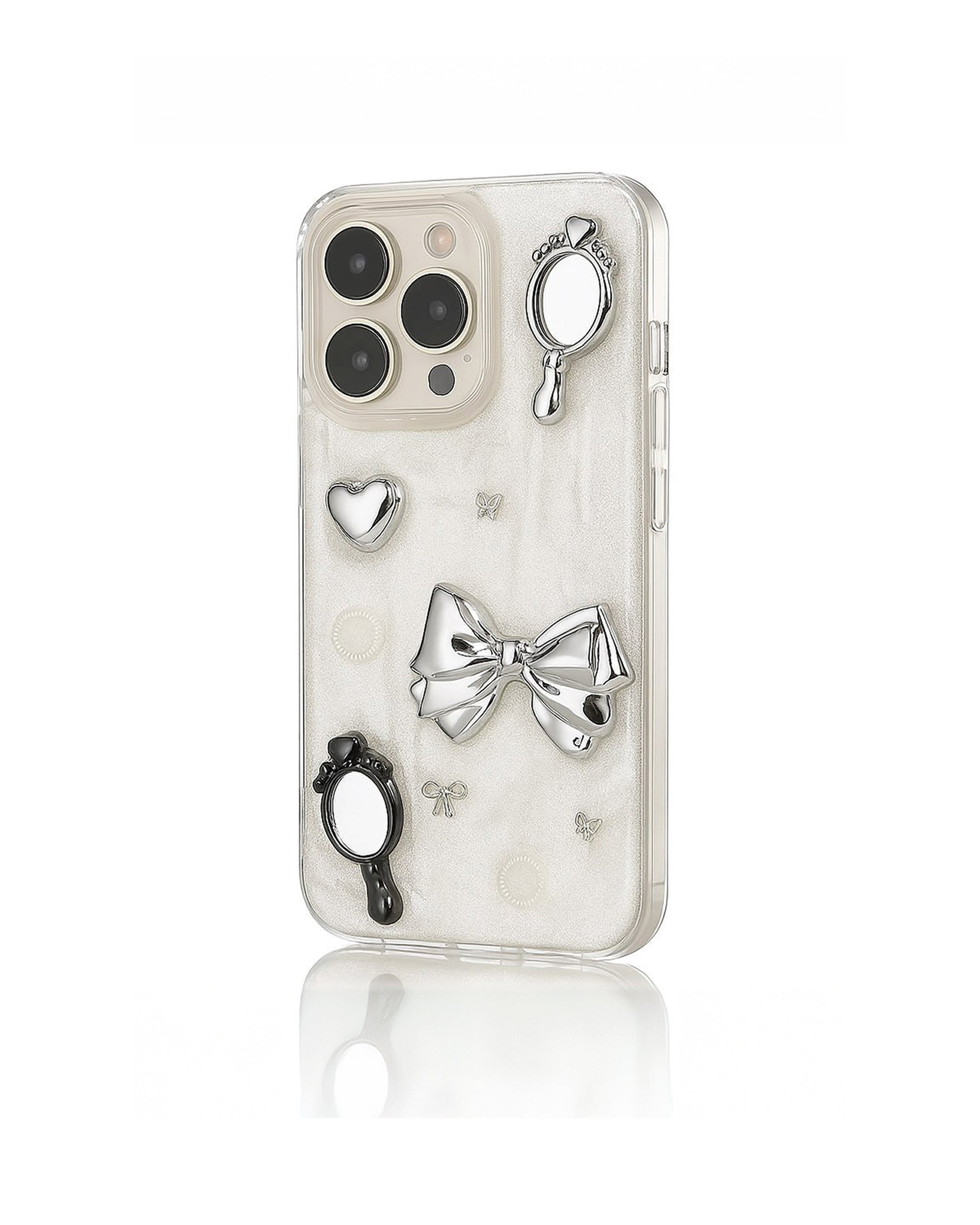Transparent pearlescent phone case with silver accents and mirror details by Zerone